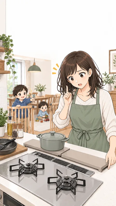 排気口カバーの上の鍋を下ろしてからグリル使用準備をする場面の編集部制作漫画