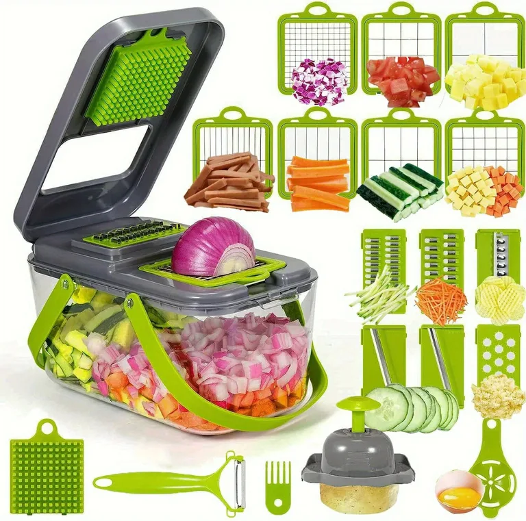 グレーとライムグリーンのコンテナ付き野菜チョッパーとカット用パーツ一式の楽天商品画像