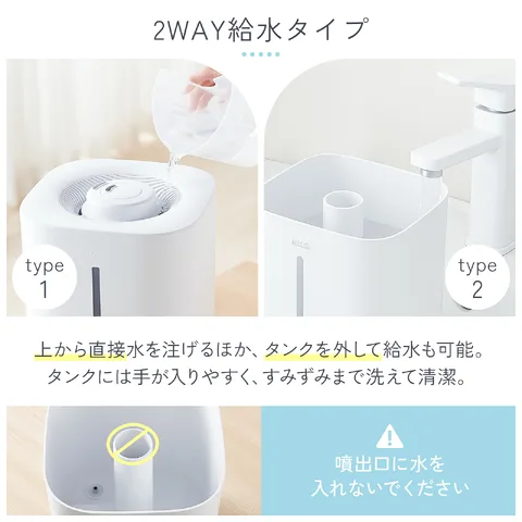 上から注ぐ方法とタンクを外す方法を示す2WAY給水の説明画像