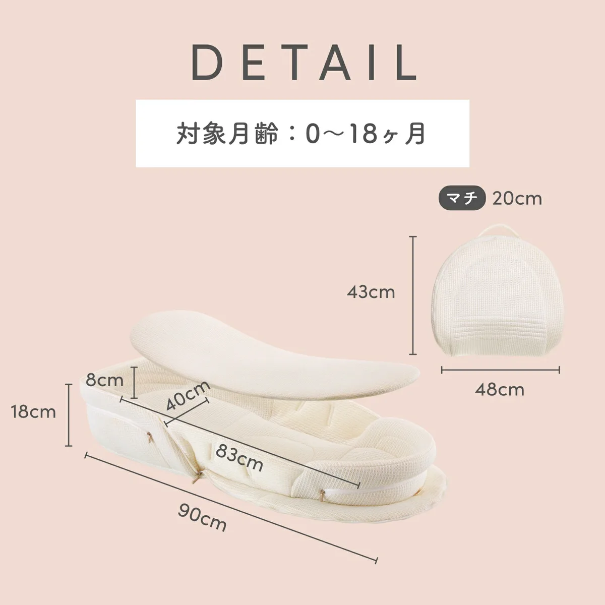 折りたたみ式ベッドインベッドの素材と構造を示す楽天商品画像