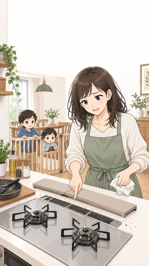 コンロ奥の排気口に落ちたパンくずを見つけて掃除する母親の編集部制作漫画