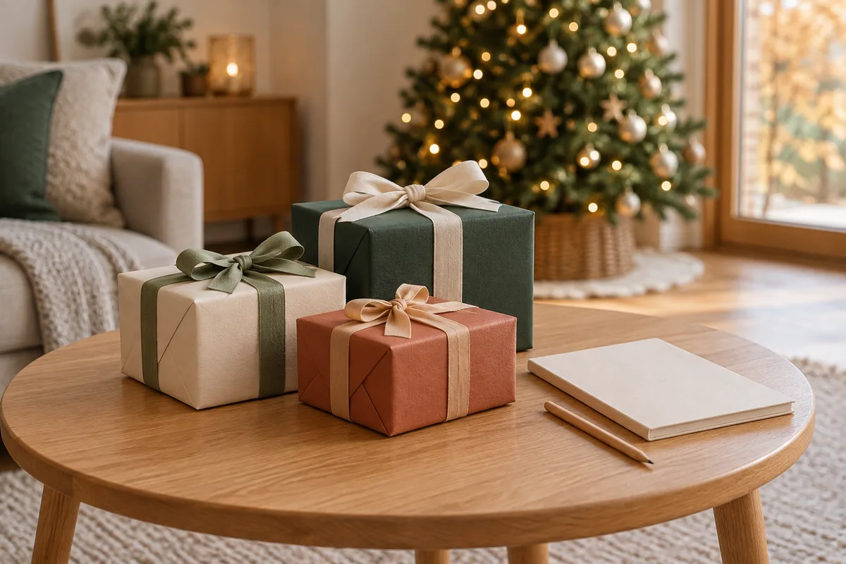 クリスマスの贈り物と準備用のノートを並べたイメージ