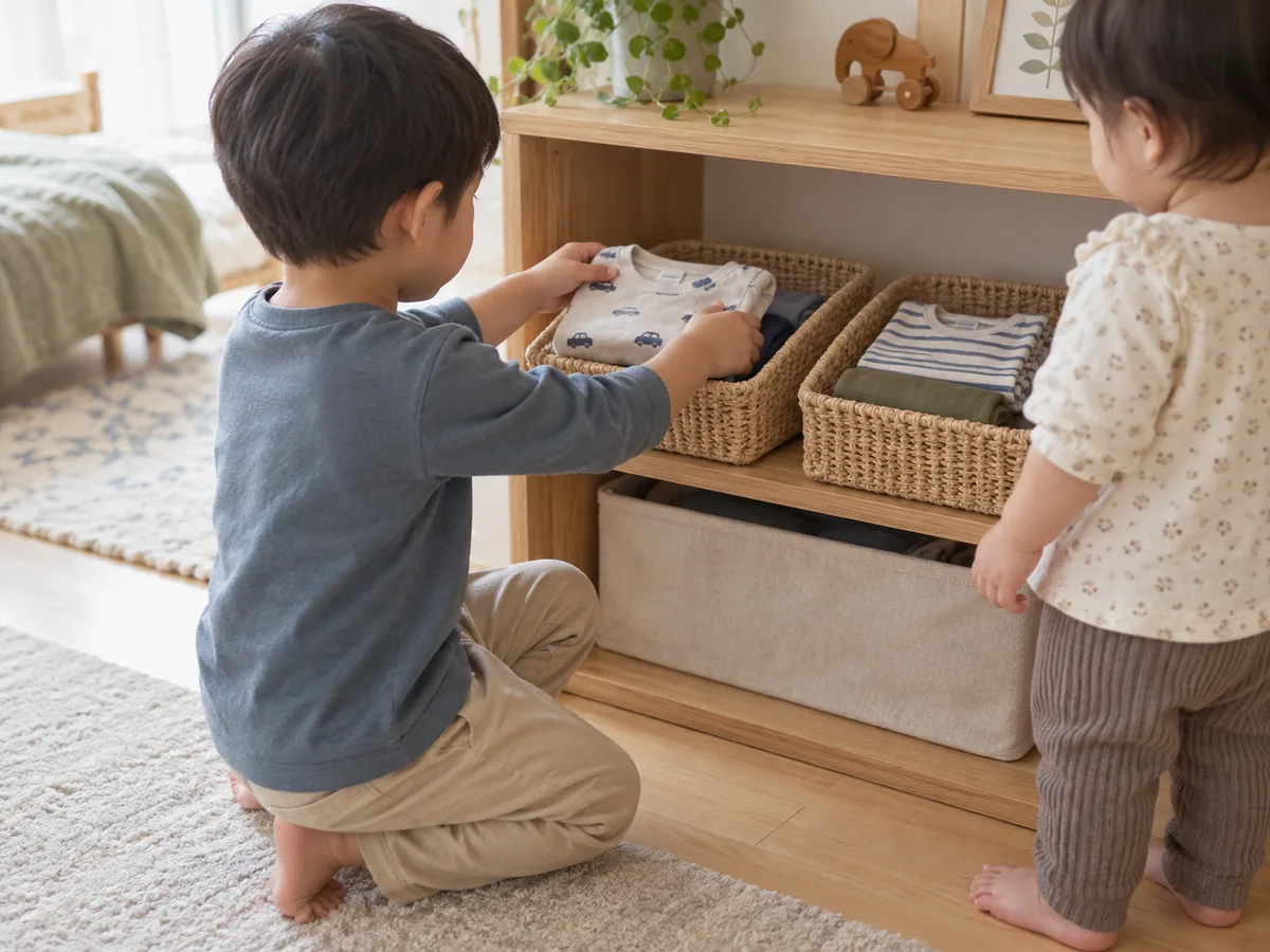 子どもの手が届く低い棚で、上の子が二つの衣類かごからシャツを選び、下の子がそばで見ている様子