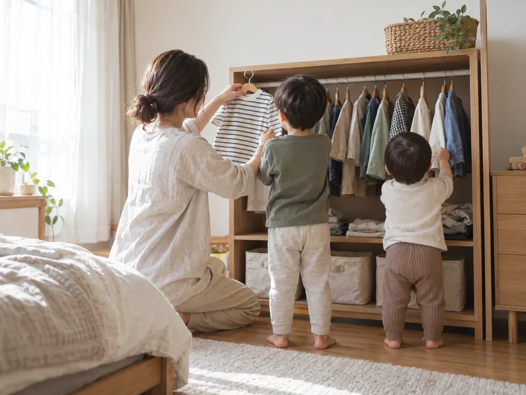 朝の子ども服を選びやすく整えた低い収納から、母親と上の子・下の子が服を選ぶ様子